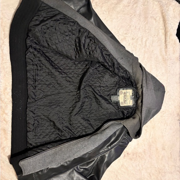 AMERICAN RAG black and grey faux double layer fabric LEATHER JACKET size M - Picture 2 of 6